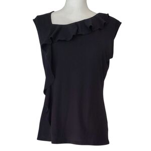 White House Black Market Black Assymetrical Ruffled Neck Cap Sleeve Top Size M